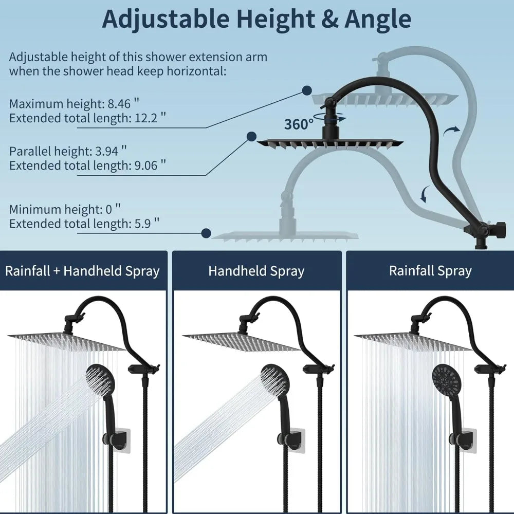 All Metal High Pressure Rainfall Shower Head (10 Inch)/Handheld Combo (12 Inch), Adjustable, Black