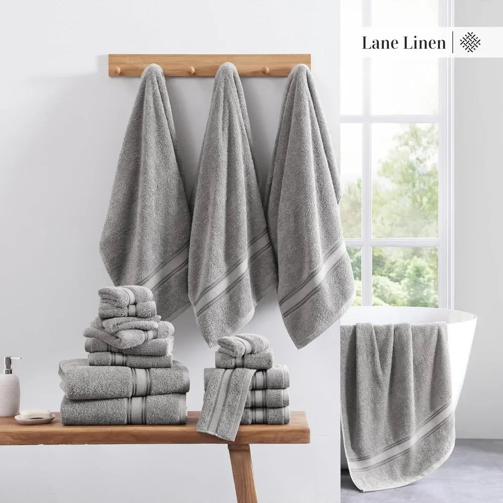 Luxury 12 Piece Bath Towel Set, 100% Cotton, Absorbent/Quick Dry, 4 Bath, 4 Hand, 4 Wash Cloths, Grey