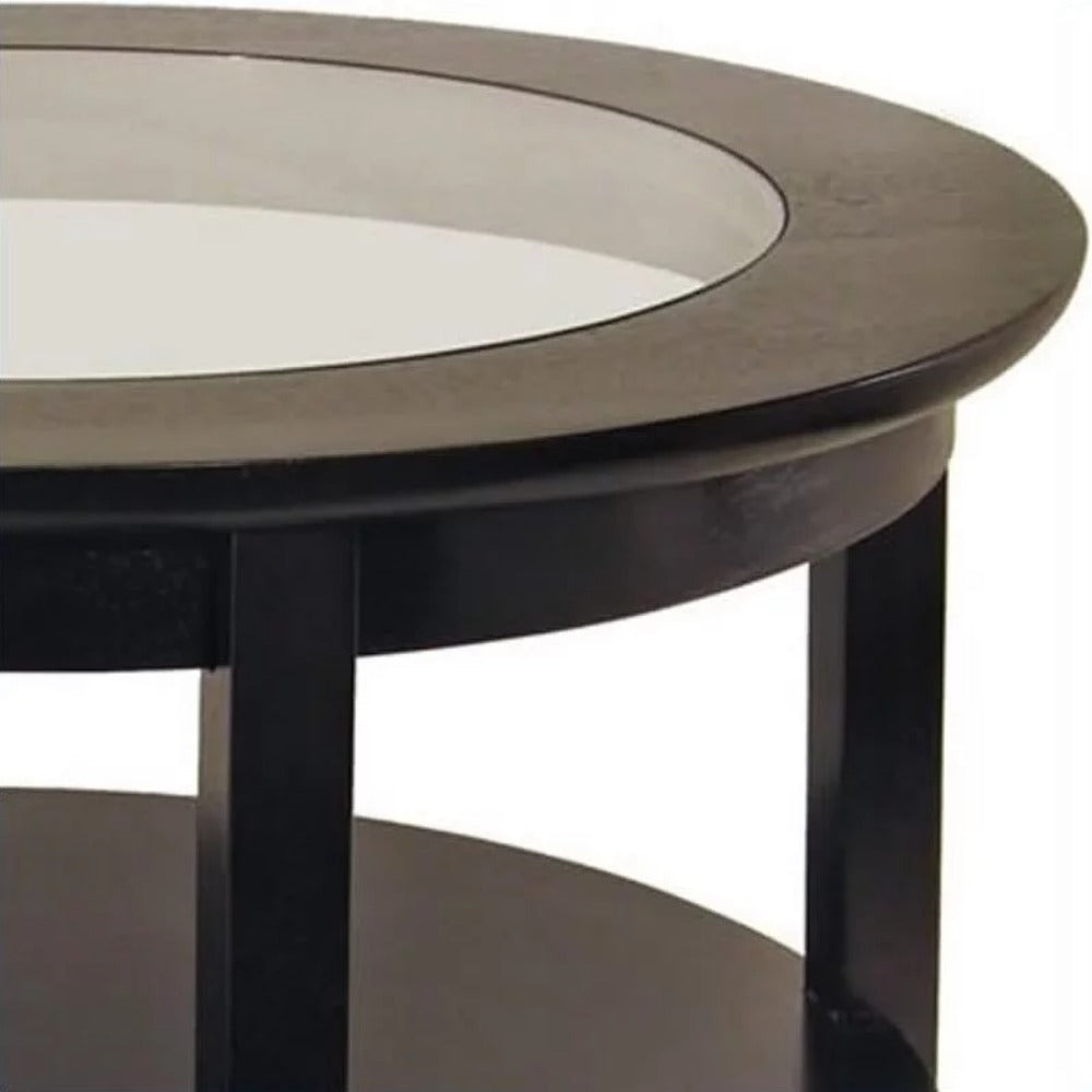 Round Wooden Coffee Table, with Glass Top, Espresso Finish