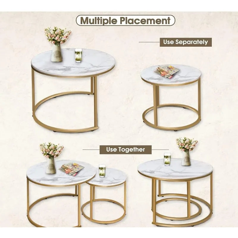 Nesting Tables Set, Set of 2, Gold Frame, Marble or Wood, 6 Colors