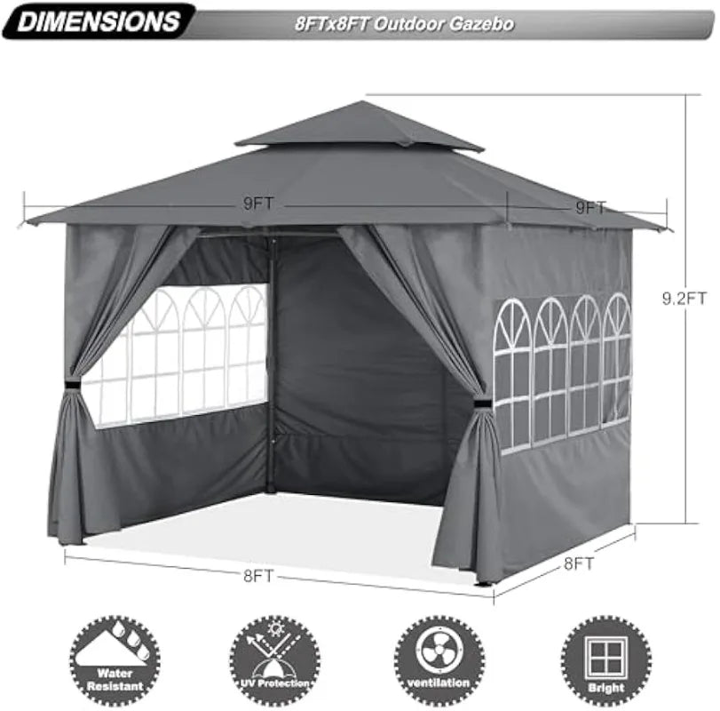 8 X 8 Ft. Outdoor Screened Gazebo, with Windows & Curtains, Sturdy Structure, Grey