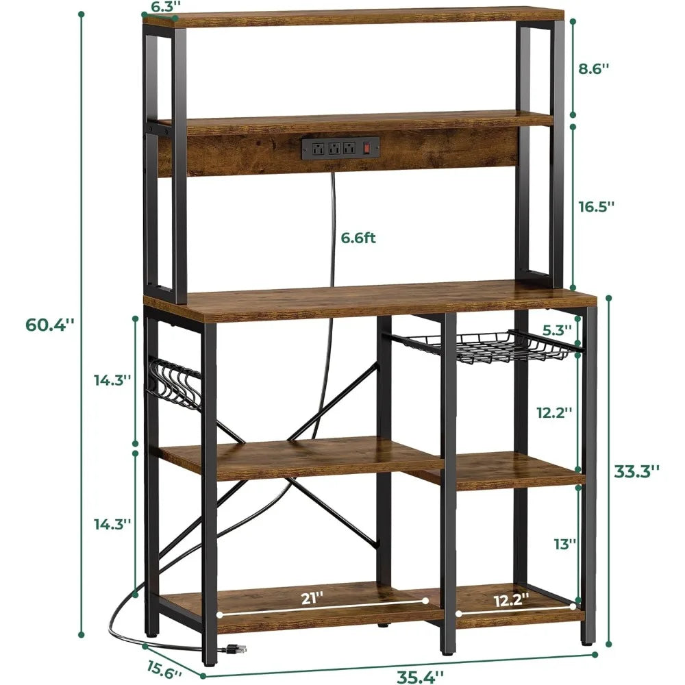 35.4 Inch Bakers Rack with Power Outlet, Wire Basket and 6 "S" Shaped Hooks