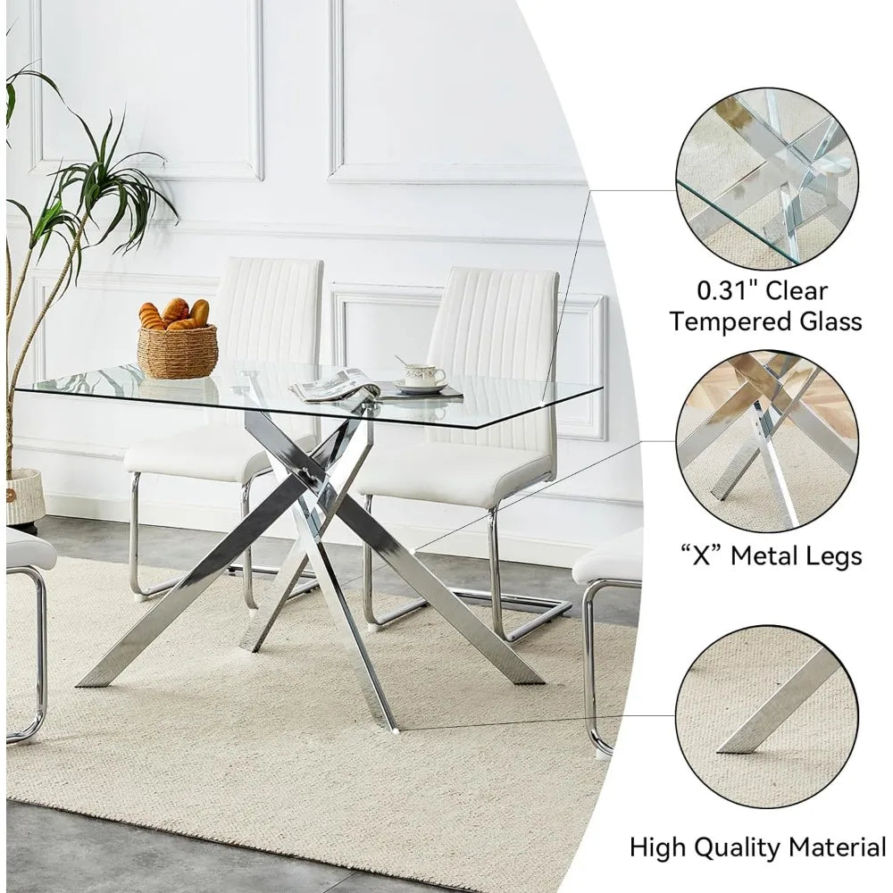 Glass Top Dining or Kitchen Table, Seats 4, Chrome Plated Metal Legs, 51 Inch Rectangular, 4 Colors