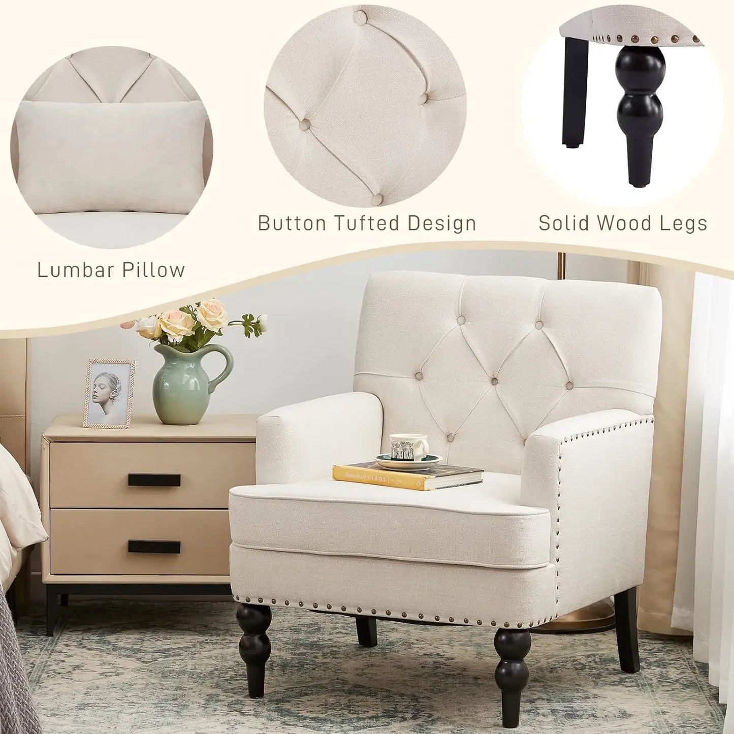 Upholstered Tufted Club Chair Set, Set of 2, Lumbar Pillow, Beige