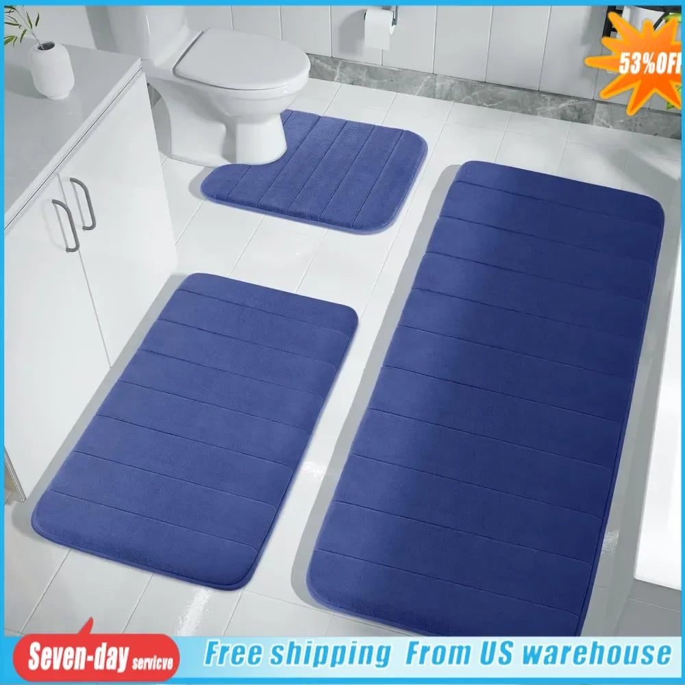 3 Piece Memory Foam Bathroom Mat Set, Non-Slip, Soft Comfortable, 3 Sizes, Blue