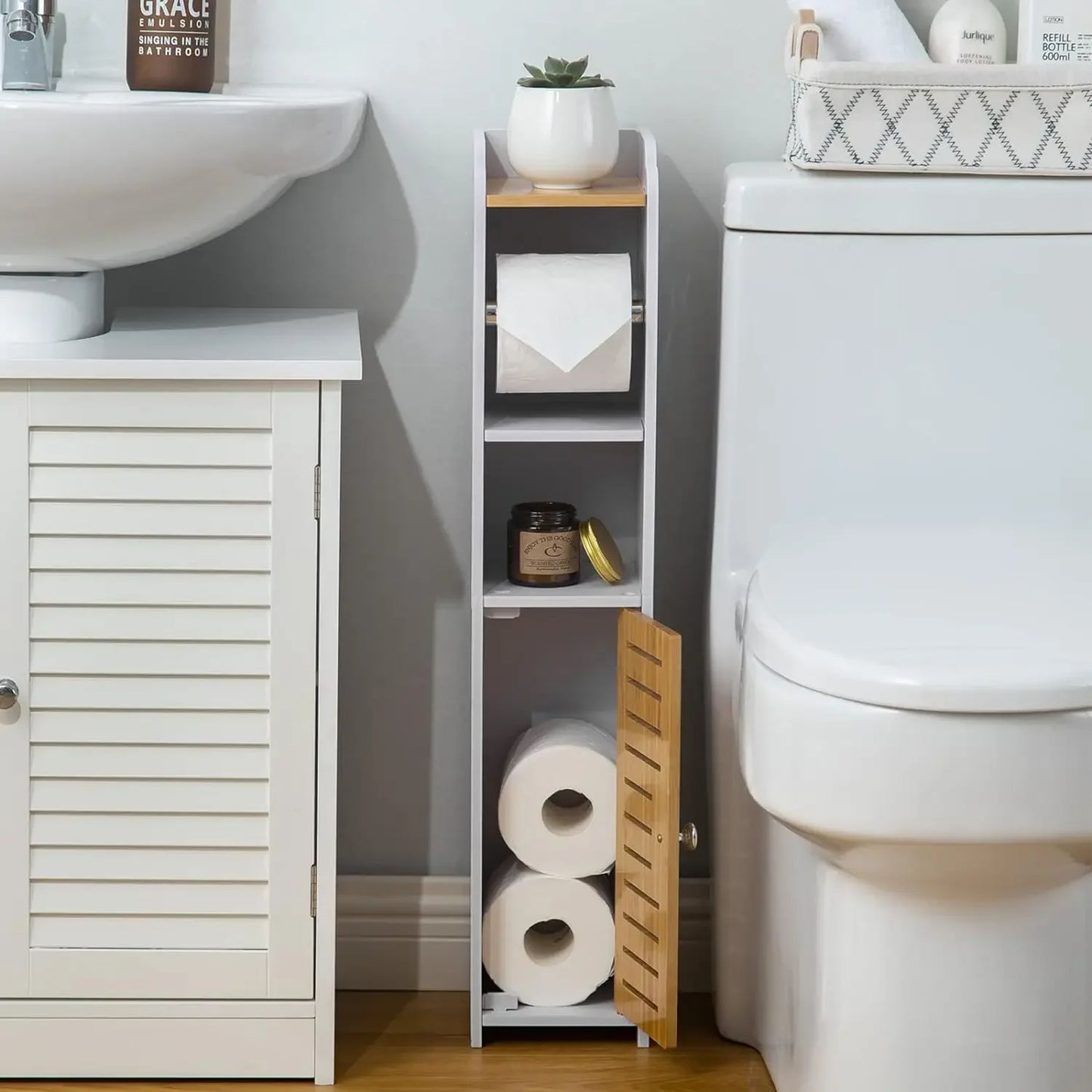 Small Bathroom Storage Cabinet, with Toilet Paper Holder, White/Bamboo