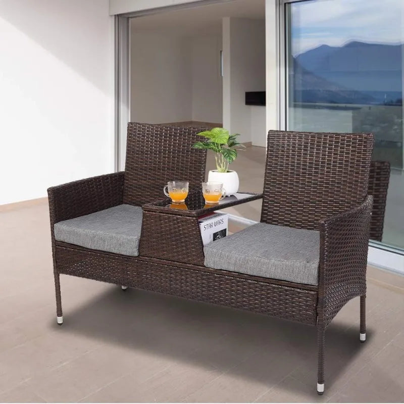 Wicker Outdoor Loveseat, with Cushion, and Built-In Table