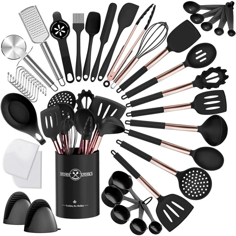 Silicone Kitchen Cooking Utensil Set, 43 Pieces, Stainless Steel Handle, Non-stick, Heat Resistant