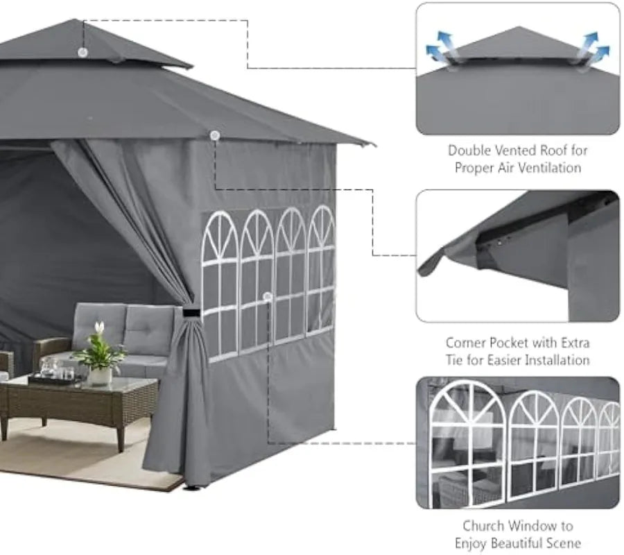 8 X 8 Ft. Outdoor Screened Gazebo, with Windows & Curtains, Sturdy Structure, Grey