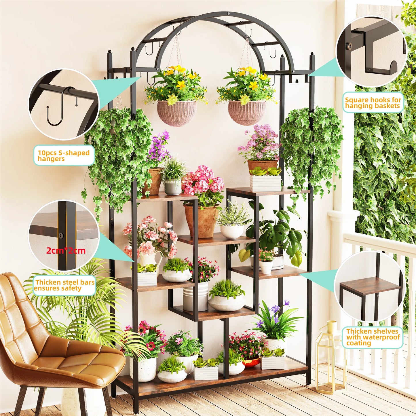 5-Tier Indoor/Outdoor Plant Stand, 74.8 Inch Arched Plant Display, Metal with Hanging Hooks