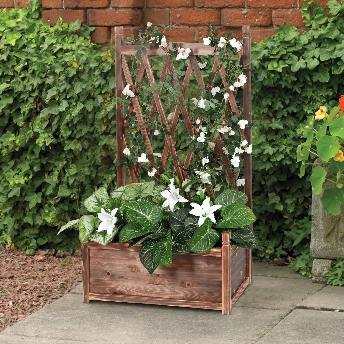 Raised Wooden Elevated Planter Box, with Trellis, Brown