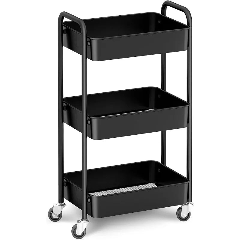 3-Tier Rolling Metal Storage Cart, with Caster Wheels, 3 Colors