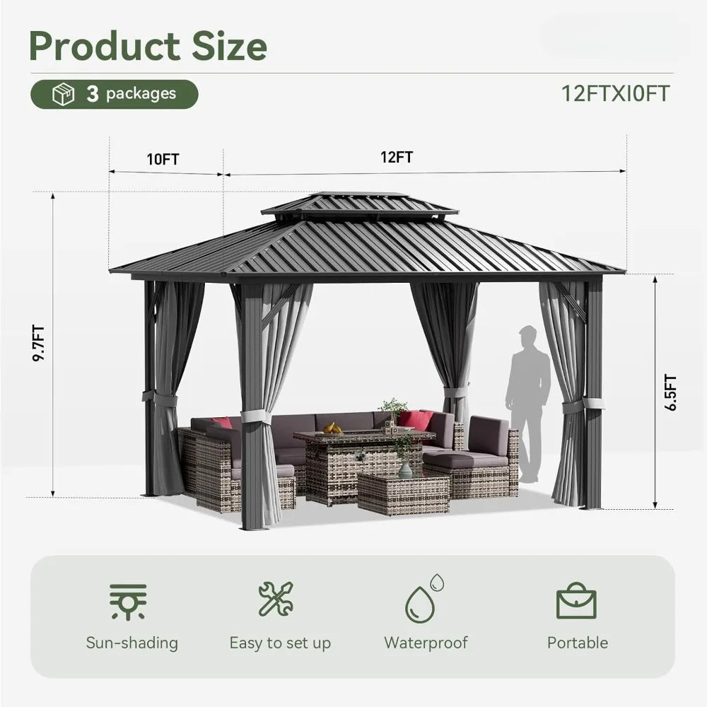 10 Feet X 12 Feet Hardtop Gazebo, Aluminum Frame/Double Galvanized Steel Roof, Netting/Curtains, Grey