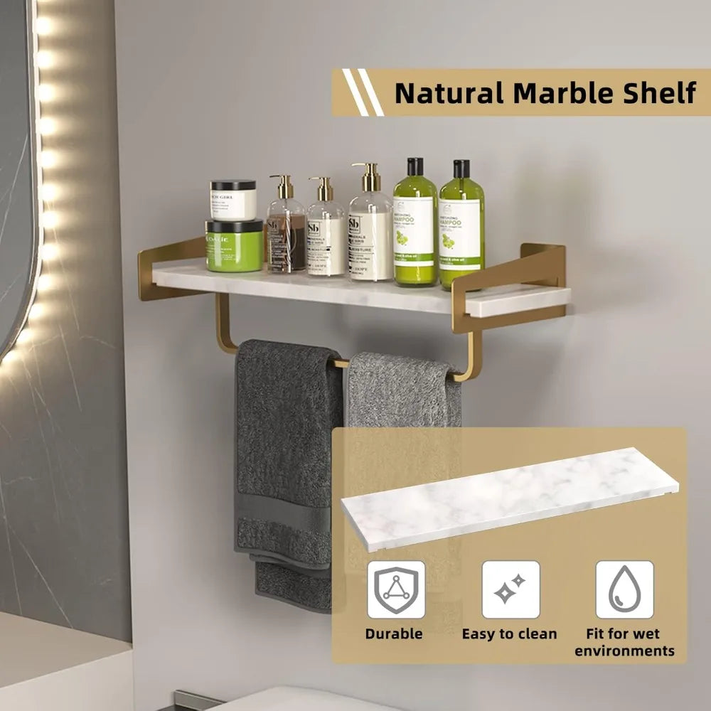 Marble Bathroom Shelf, with Towel Bar, 16 Inch Metal Wall Mount, Gold