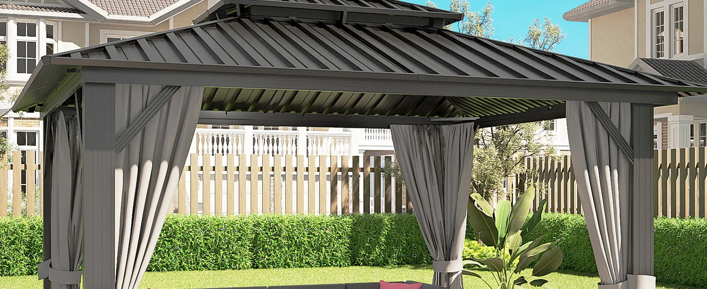 10 Feet X 12 Feet Hardtop Gazebo, Aluminum Frame/Double Galvanized Steel Roof, Netting/Curtains, Grey