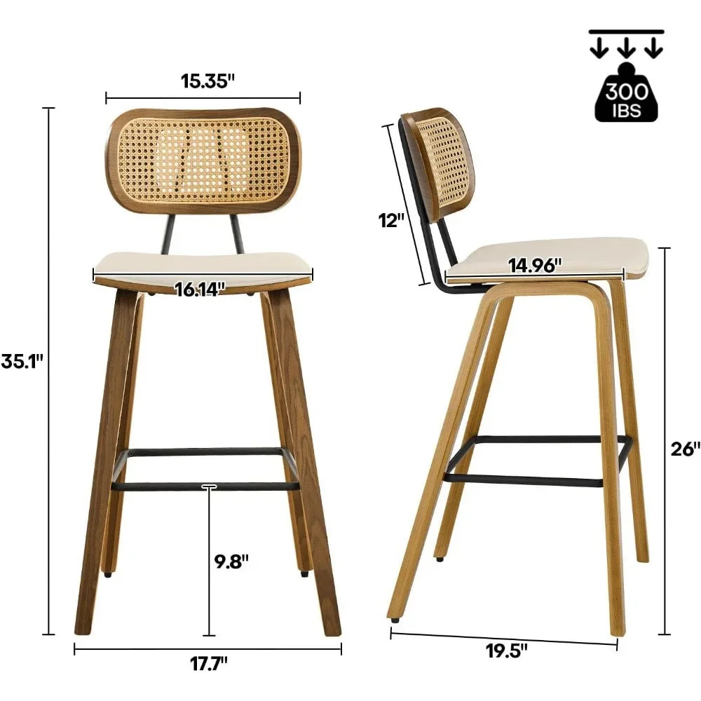 Bar Stools, Set of 3, 26 Inch Counter Height, Rattan Back/Faux Leather Seat, 2 Colors