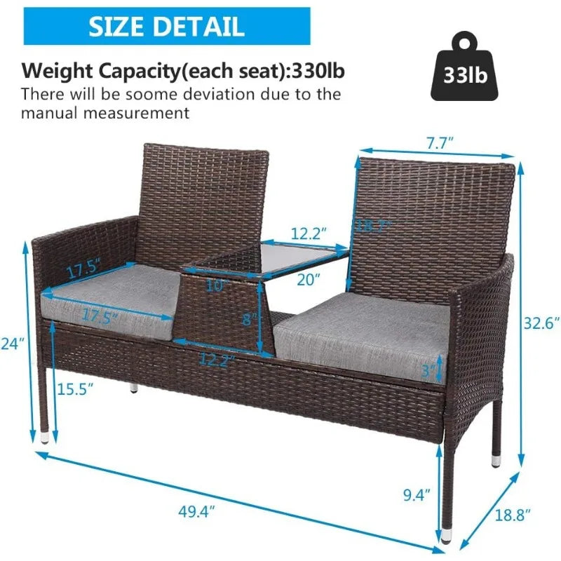 Wicker Outdoor Loveseat, with Cushion, and Built-In Table