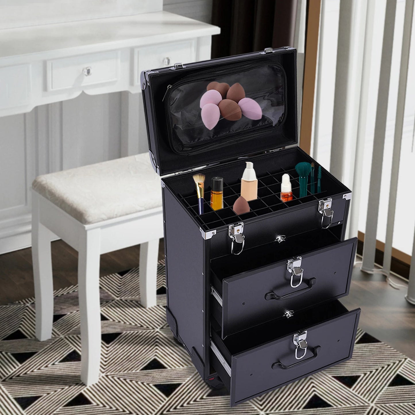 3 Tier Rolling Makeup Case Storage, with Locks, Professional Cosmetic Trolley, 2 Colors