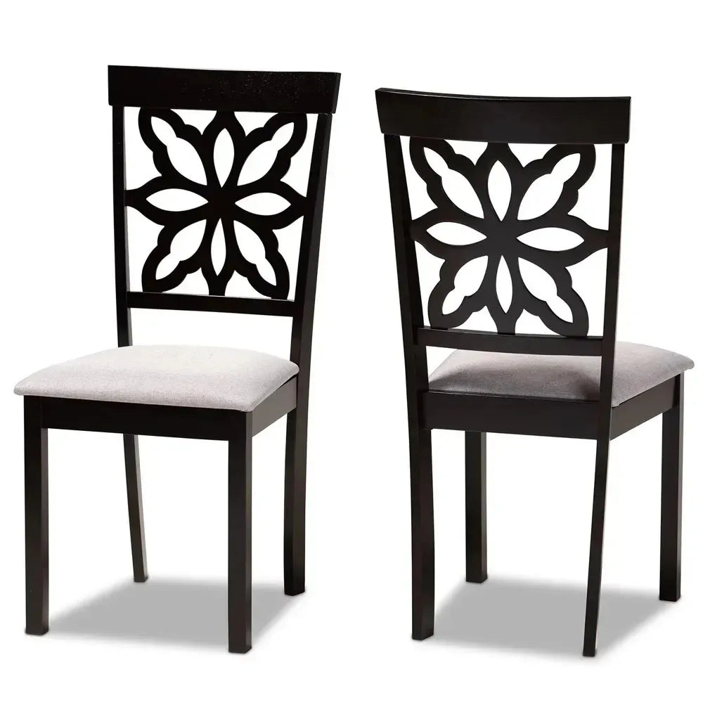 Contemporary Dining Chairs, Dark Brown Wood Finish, Grey Fabric Upholstered, 2-Piece Set