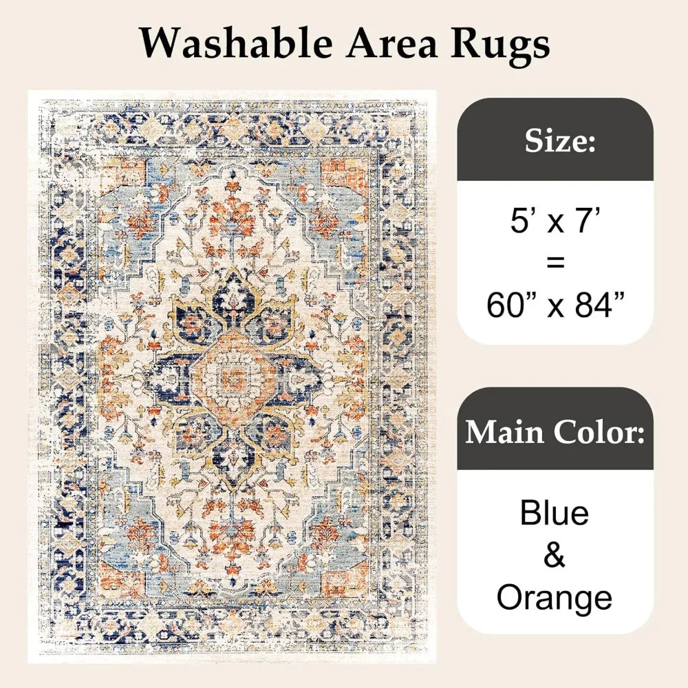 Machine Washable Rug, Vintage Design, 5'X7' Washable Area Rug, Non-Slip