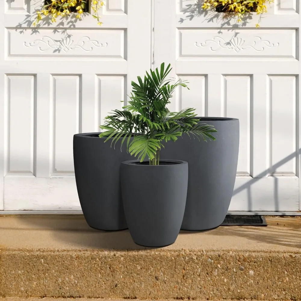 Tall Round Concrete Planters, Set of 3 (18.1", 20.5", 22.4" Height), Indoor/Outdoor With Drainage, Black