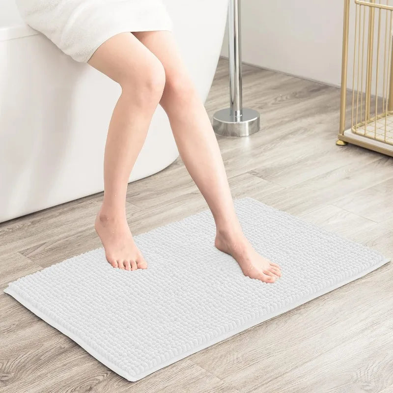 Chenille Bathroom Rug, Washable & Quick Dry, Water Absorbent, White, 16" x 24"