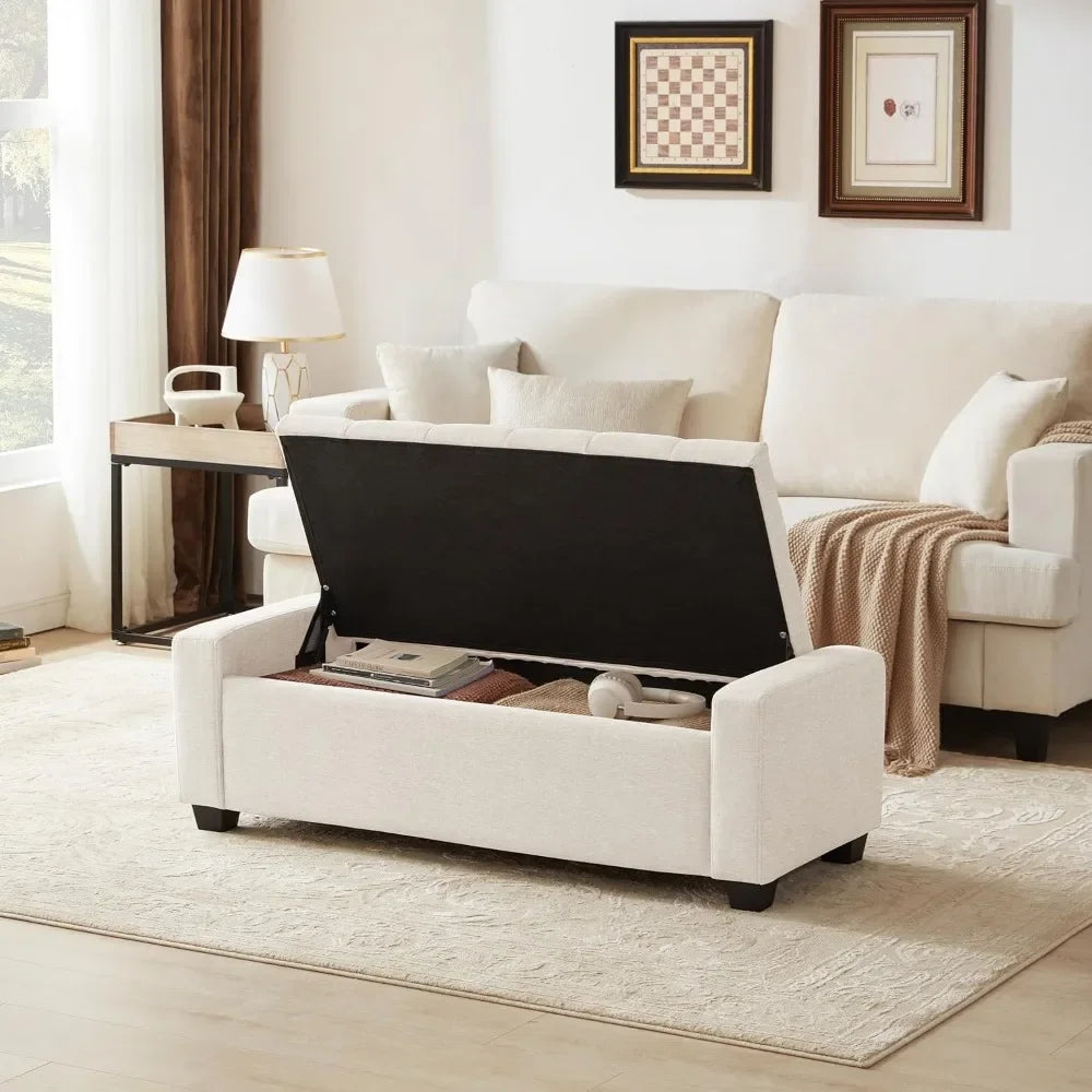 Beige Ottoman Storage Bench, Safety Hinge, Upholstered, Holds Up to 330 lbs.