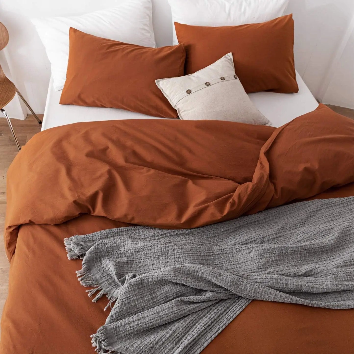 3 Piece Duvet Set, 100% Washed Cotton, With Zipper and 2 Pillowcases, Easy Care, 29 Colors, 3 Sizes