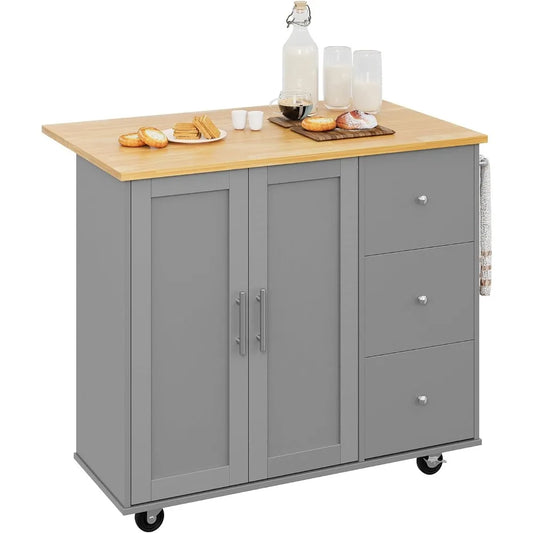 Kitchen Island Cart on Wheels, with Folding Drop Leaf with Storage, Grey