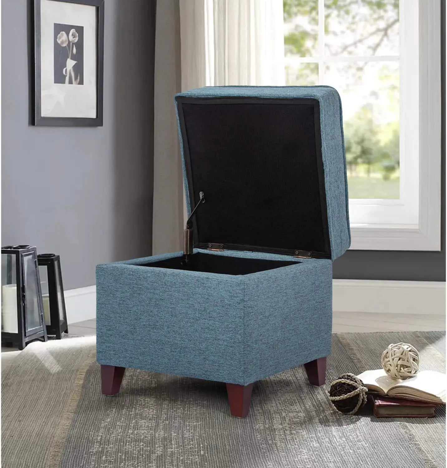 Ottoman/Foot Rest with Storage, Hinged Lid, Blue