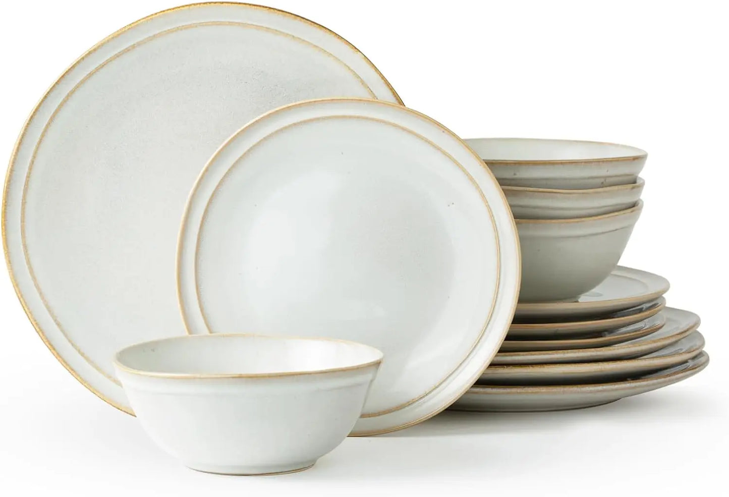 12 Piece Handmade Stoneware Dishware Set, Plates & Bowls, 4 Place Settings, 3 Colors