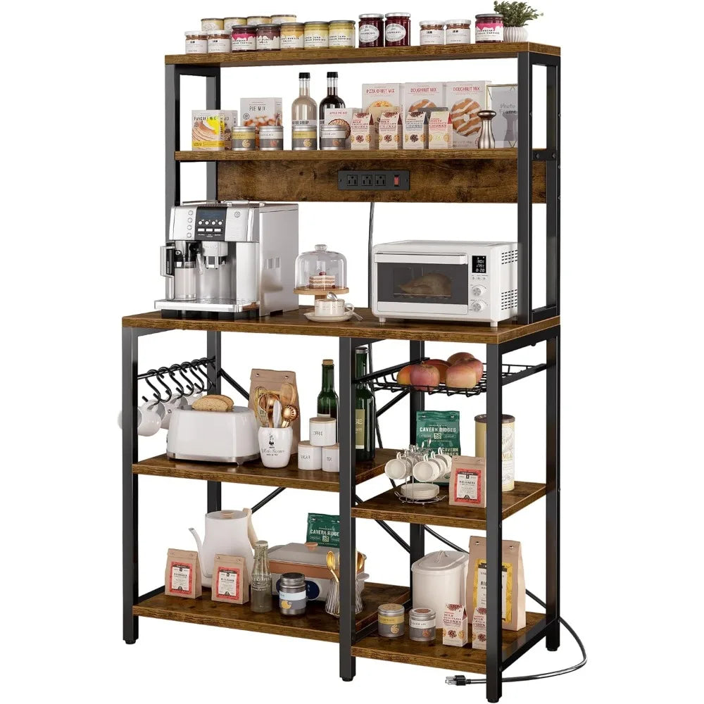 35.4 Inch Bakers Rack with Power Outlet, Wire Basket and 6 "S" Shaped Hooks