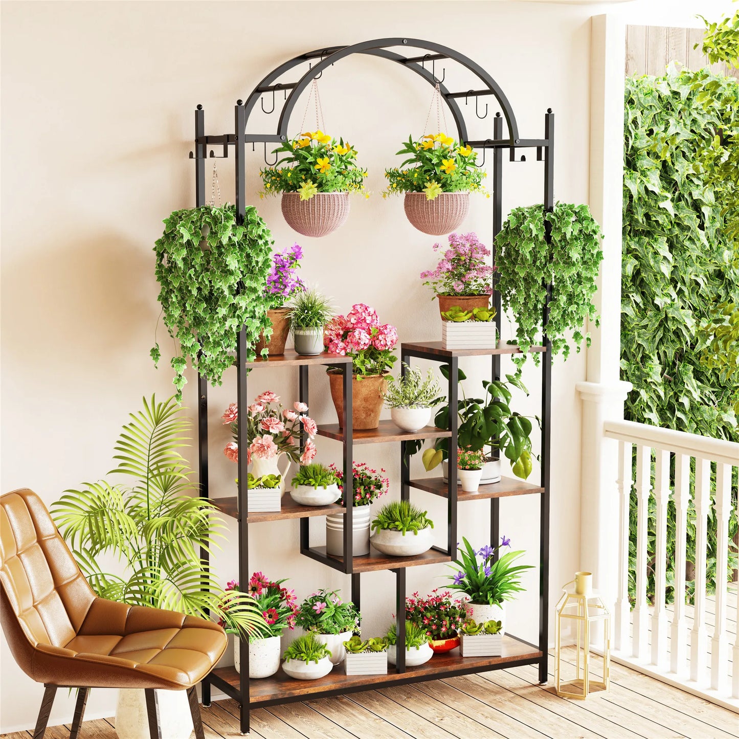 5-Tier Indoor/Outdoor Plant Stand, 74.8 Inch Arched Plant Display, Metal with Hanging Hooks