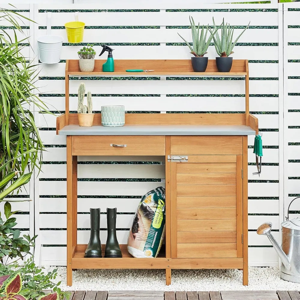 Outdoor Potting Bench, Plant Work Station, Top Work Area, with Drawer & Cabinet, 2 Colors