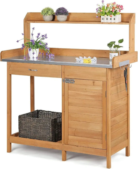 Outdoor Potting Bench, Plant Work Station, Top Work Area, with Drawer & Cabinet, 2 Colors