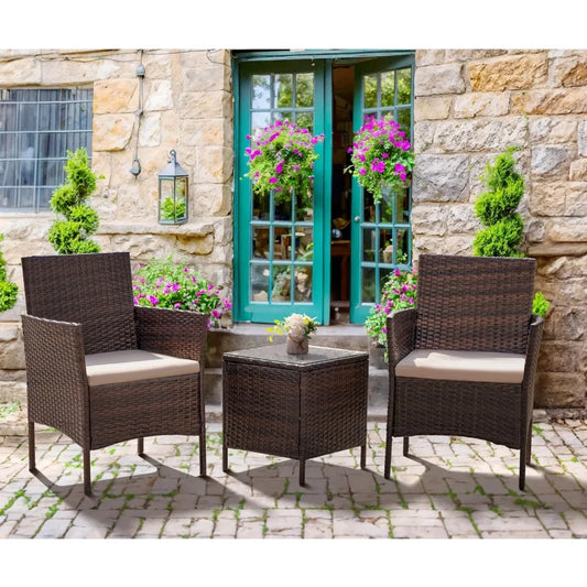 3 Piece Outdoor Rattan Patio Furniture Set, All-Weather, 2 Chairs & Table (with Tempered Glass Tabletop), Beige