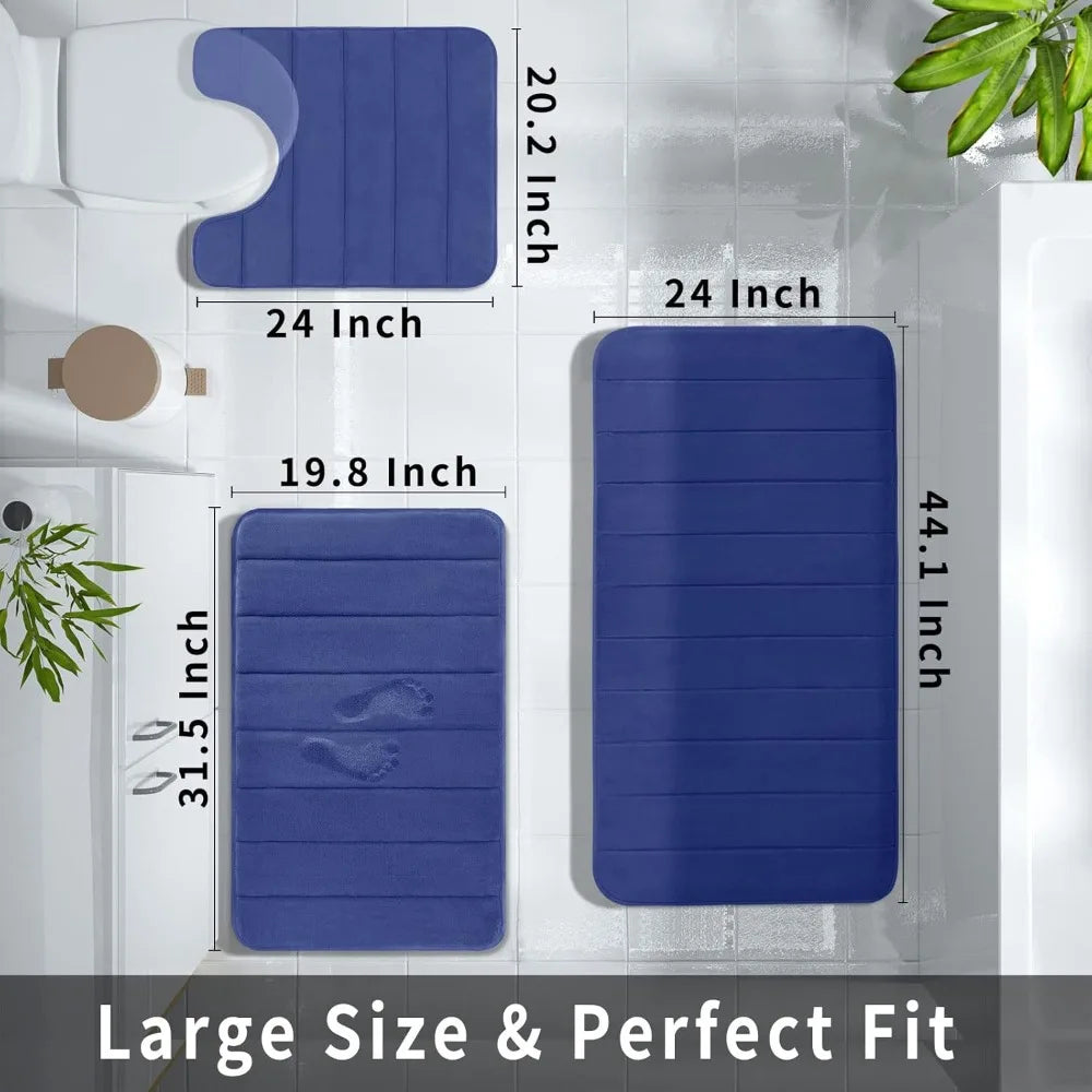 3 Piece Memory Foam Bathroom Mat Set, Non-Slip, Soft Comfortable, 3 Sizes, Blue