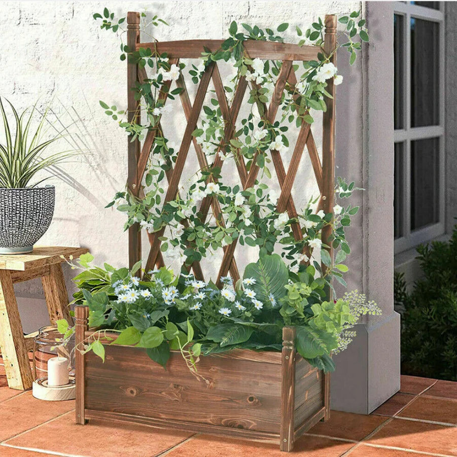 Raised Wooden Elevated Planter Box, with Trellis, Brown