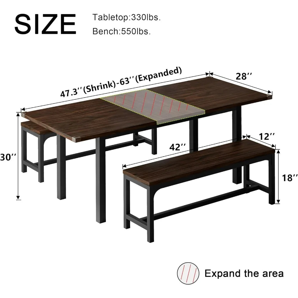 63 Inch Extendable Dining Room or Kitchen Table, Seats 4 Persons, Includes 2 Benches, 3 Pcs