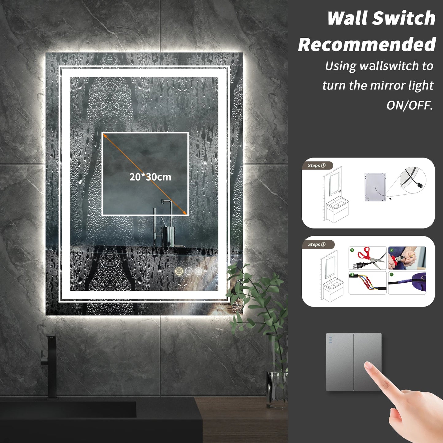 20 x 28 Inch LED Rectangle Mirror, Anti-Fog with Front Light/Backlit, Silver