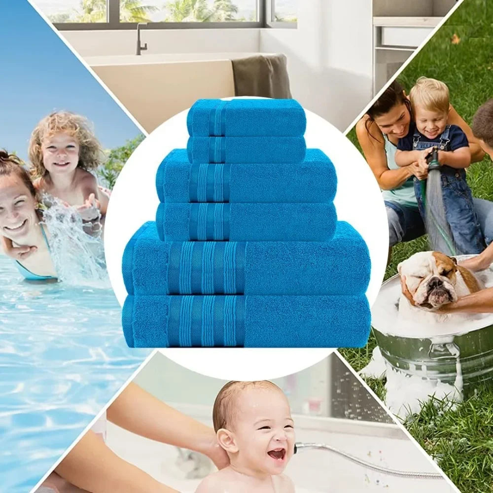 Extra Large Bath Towels Set, Light Weight, Super Absorbent, 100% Cotton, Set (2 Bath/2 Hand/2 Washcloths), Teal Blue