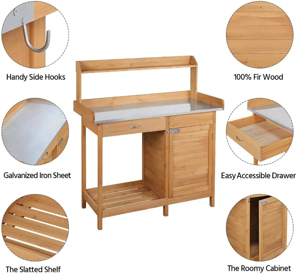 Outdoor Potting Bench, Plant Work Station, Top Work Area, with Drawer & Cabinet, 2 Colors