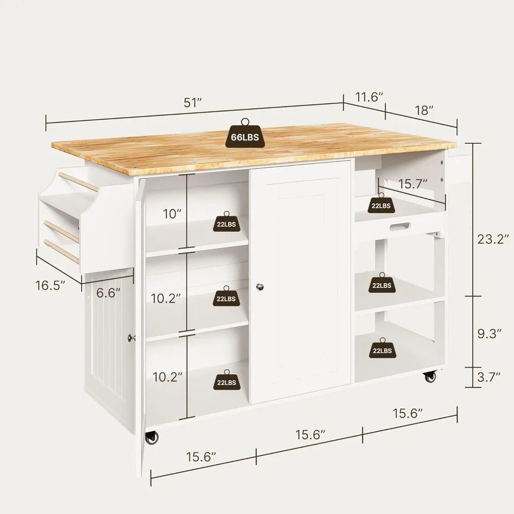 60.6 Inch Rolling Kitchen Island, with Drop Leaf, Spacious Storage