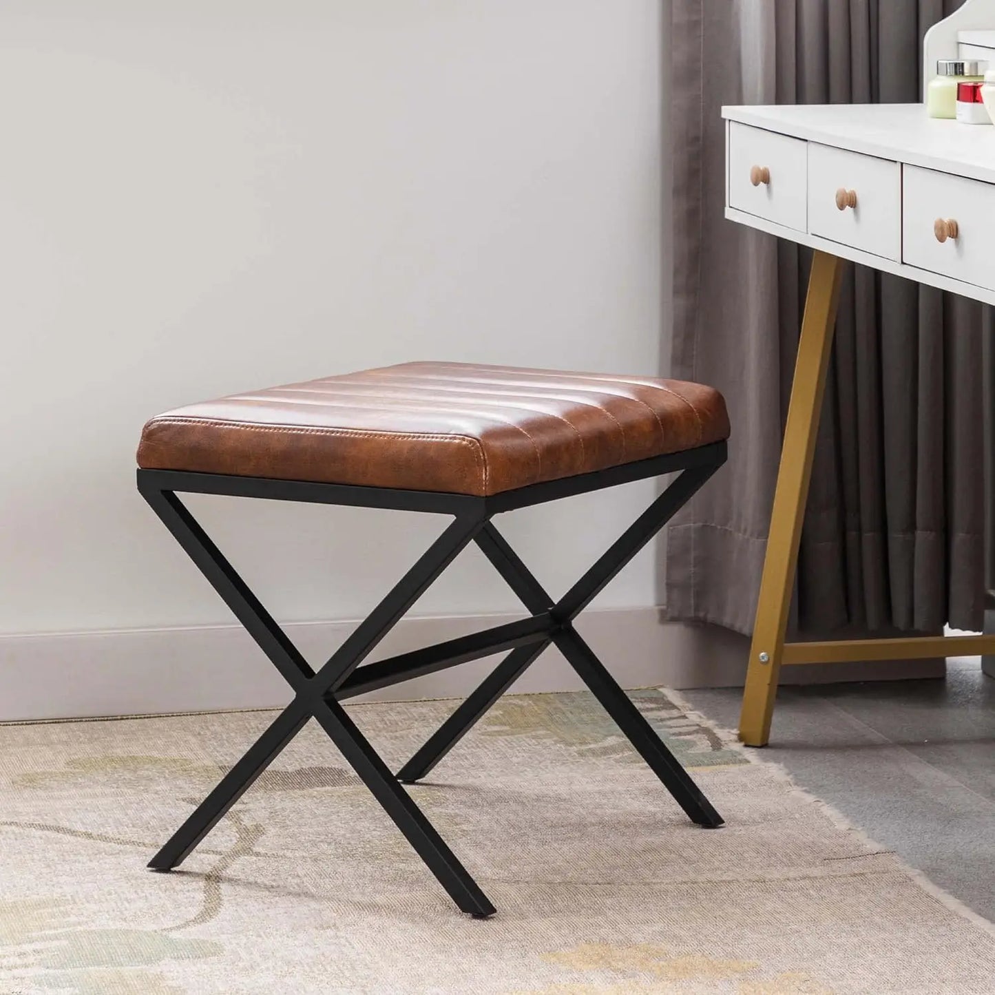 Faux Leather Ottoman/Stool, with Metal Legs