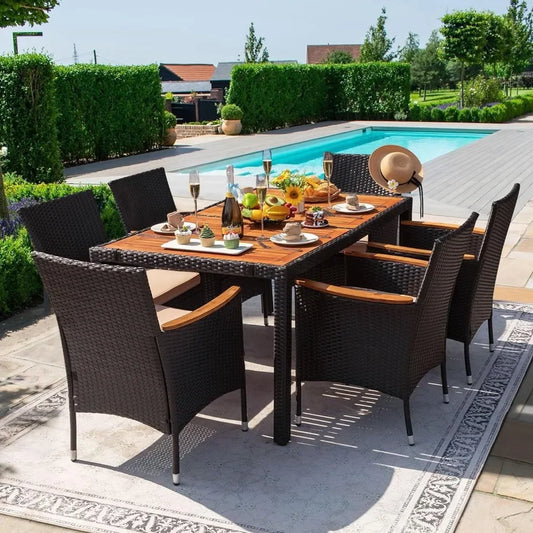 7 Piece Dining Furniture Set, Rattan Outdoor, Acacia Wood Table Top, Table Plus 6 Chairs, 4 Colors