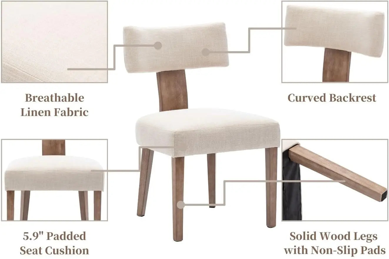 Set of 6 Dining Room, Living Room or Kitchen Side Chairs, Linen Upholstered, Wood Legs, Curved Wingback