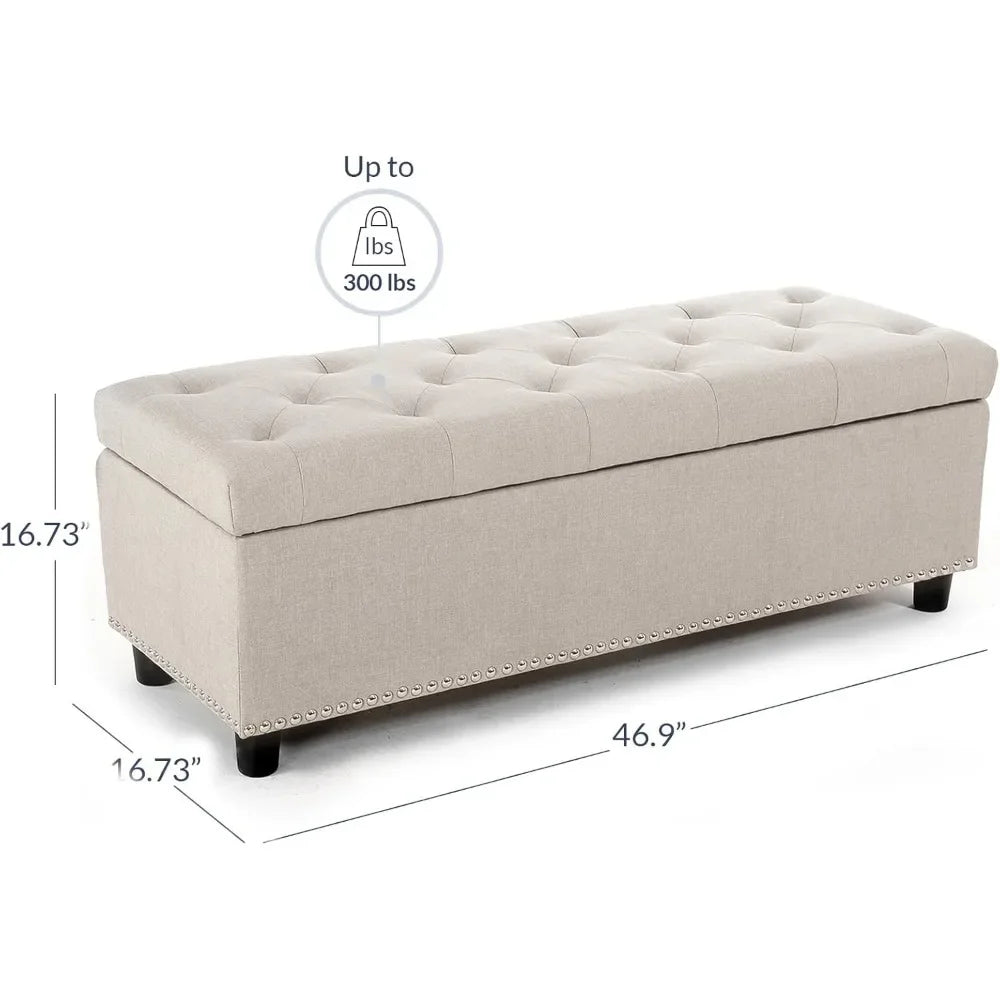 47 Inch Ottoman Storage Bench, Button Tufted, Linen, with Safety Close Hinge, Beige