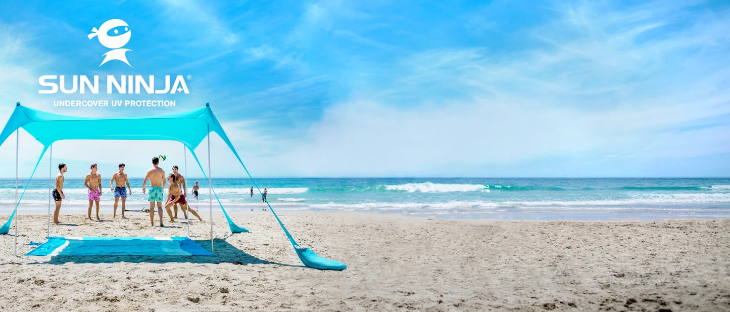 Sun Shelter Tent, with Ground Pegs and Stability Poles, includes Sand Shovel, Blue Only