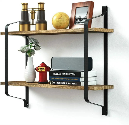 2 Tier Wall Mounted Display Shelves, Wood and Metal Storage Shelf