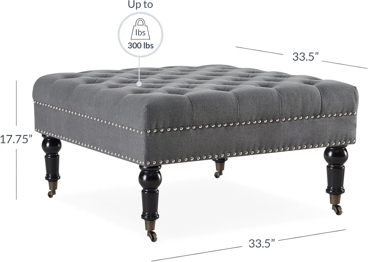 34 Inch Linen Ottoman/Footstool Bench, Button Tufted Top, with Caster Wheels, Grey